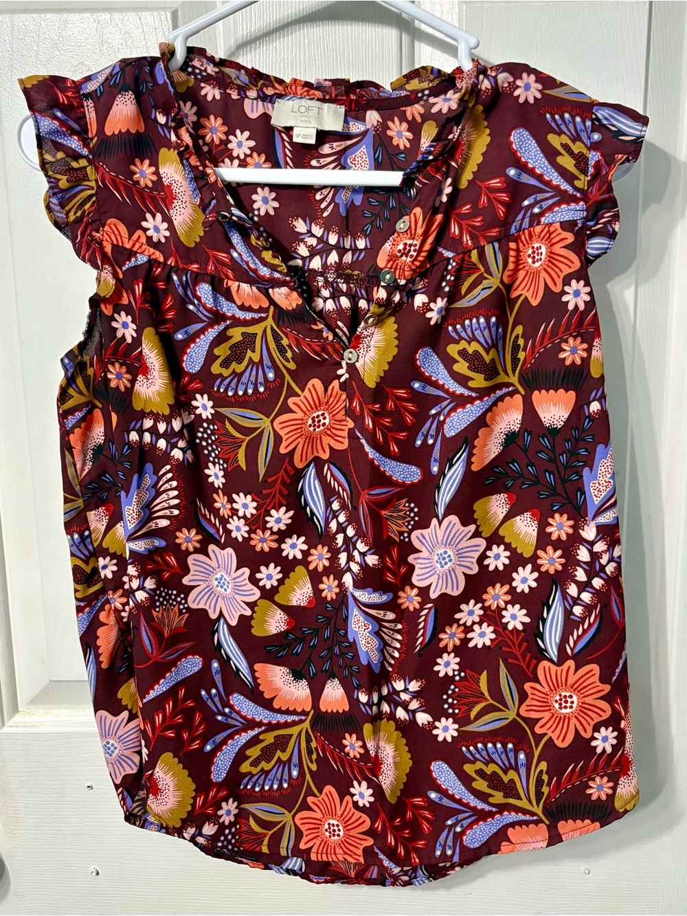 LOFT Burgundy Floral Ruffle-Sleeve V-Neck Camisole